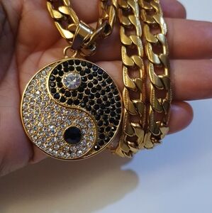 Men Gold PLATED Tai Chi Yin Yang with Rhinestone Pendant Necklace 20" 10mm